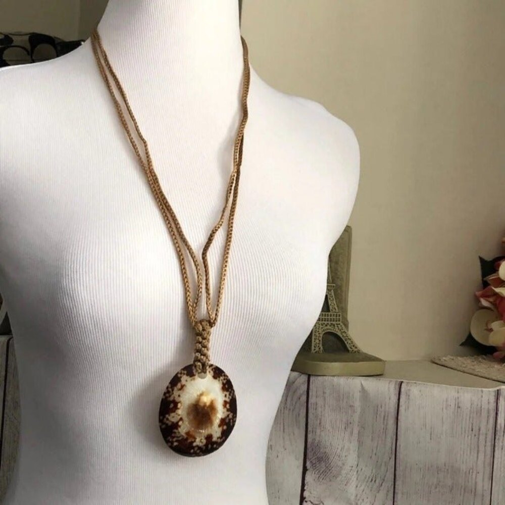 Long Tan Cord Necklace with Oval Shell Focal - Picture 1 of 7
